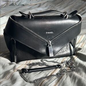 Diesel Le Zipper Black Leather Bag with Silver Accents and zippers